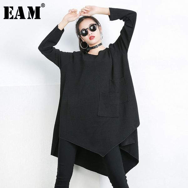 

[eam] new spring autumn black round neck long sleeve big size irregular splicing pocket t-shirt women fashion tide 1c019 201125, White