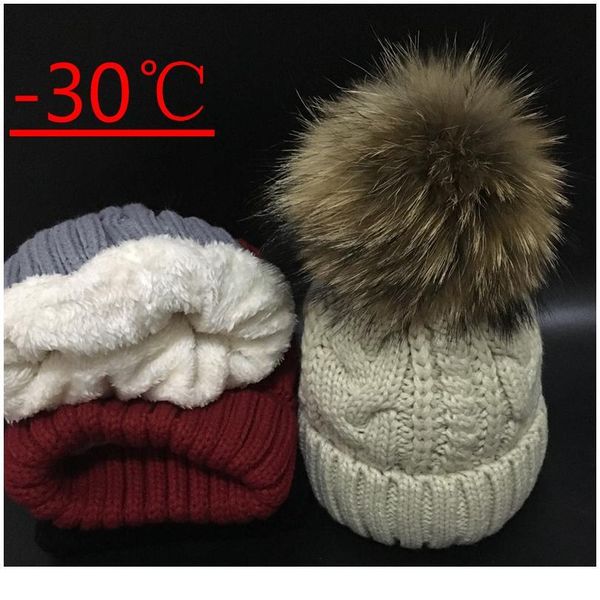 

2020 women's hats add velvet fleece inside beanies winter hats for women 100% raccoon fur pompom hat female twist patt jllapv, Blue;gray