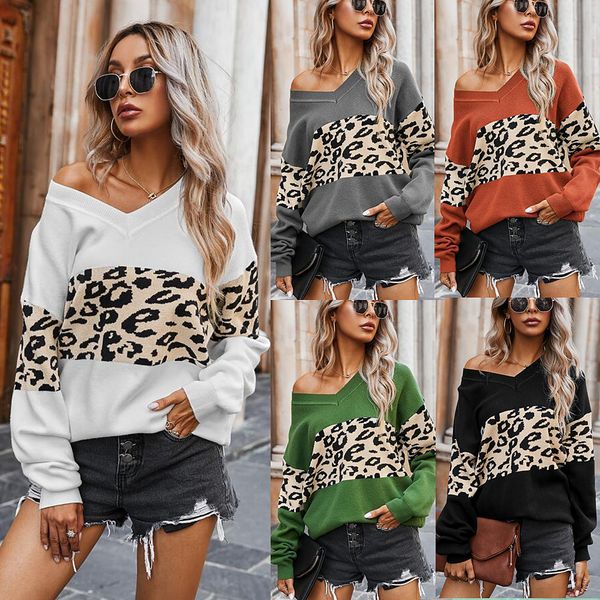 

women's sweaters womens stitching sweater fashion v neck loose casual autumn winter female long sleeved knitted pullover leopard, White;black