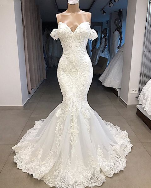 

mermaid wedding dresses off shoulder luxury appliques lace trumpet fish tail 2021 bridal gowns vestido de novia custom made, White