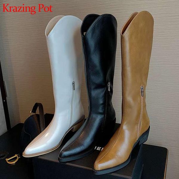 

boots krazing pot 2021 microfiber leather keep warm winter riding thick med heels french romance zipper thigh high l28, Black
