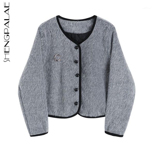 

shengpalae short plush jacket women's cardigan spring 2021 new round neck single breasted loose gray long sleeve coat 5a11471, Black;brown