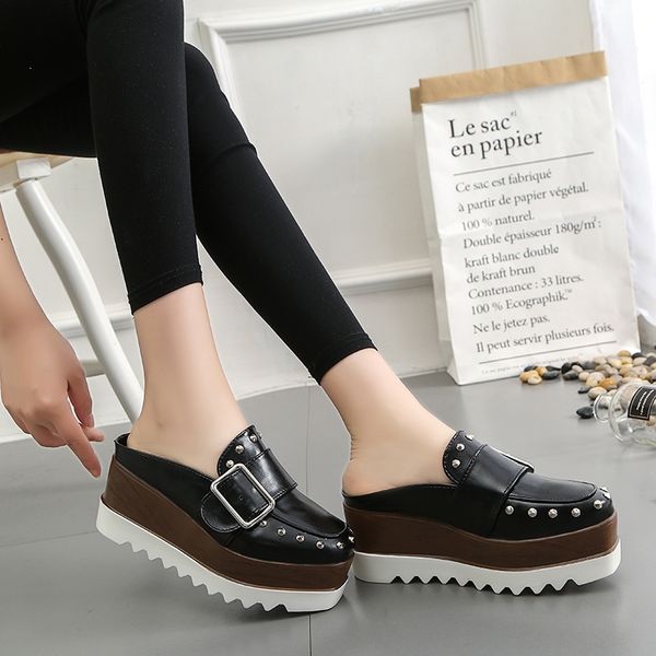 

lucyever women leather shoes high platform wedges brown slingbacks pumps fashion thick bottom rivets buckle casual shoes woman y200323, Black