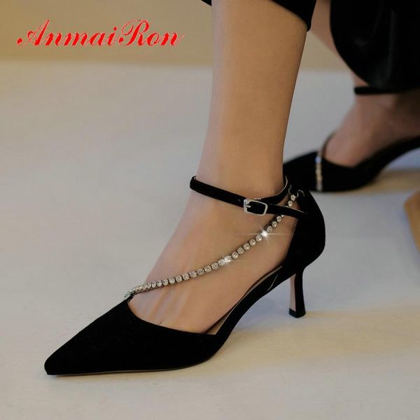 

anmairon buckle strap thin heels wedding shoes basic kid suede pointed toe pu high heels spring/autumn crystal shoes woman, Black