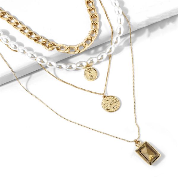 

chains ksra 2021 fashion portrait pendant necklace pearl alloy gem sweater chain multi-layer jewelry, Silver