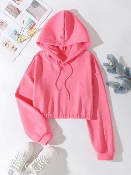 

elastic hem drawstring thermal crop hoodie h7go#, White;black