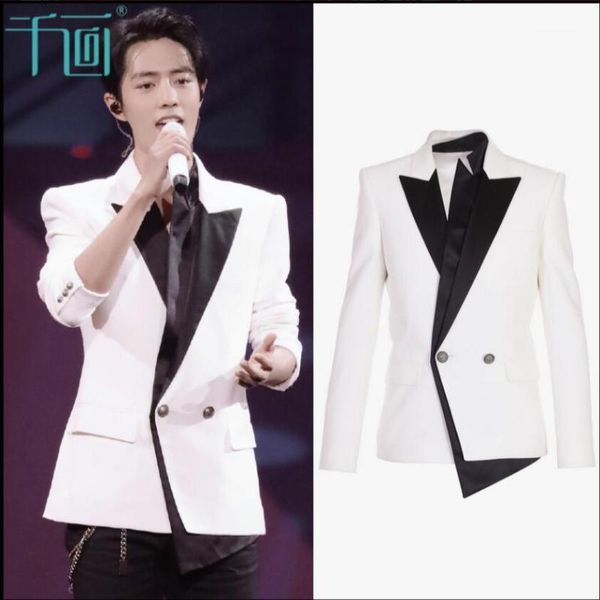 

men's suits & blazers men's suit banquet dress wedding host white double collar jacket men and women star clothing1, White;black