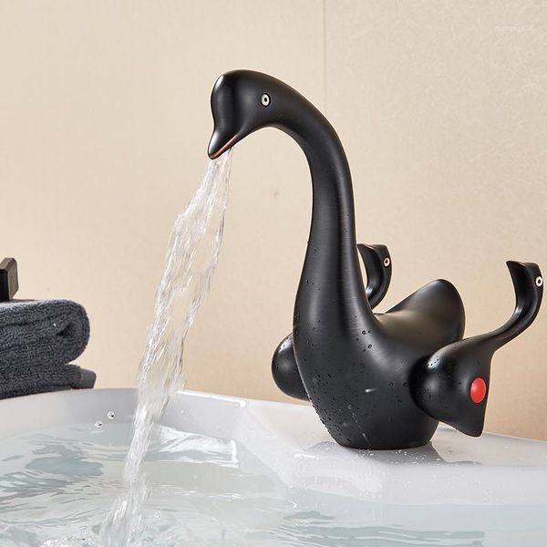 

black bronze swan basin sink faucet dual handle counterbathroom mixer tap deck mounted brass cold water tap1