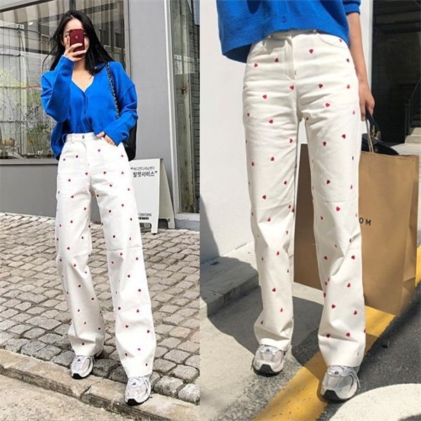 

han edition of the new small temperament fashion love babe embroidered joker straight casual pants cowboy pants y1214, Blue