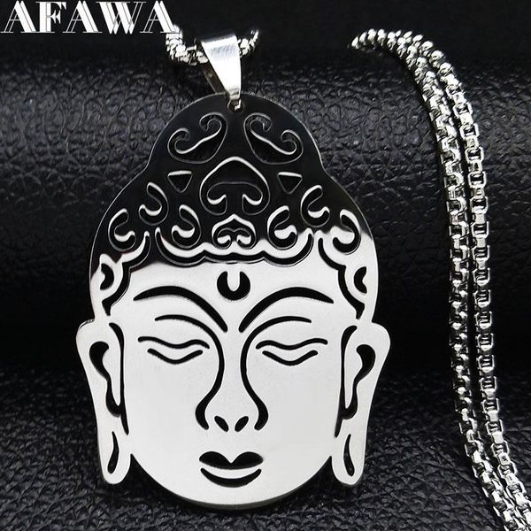

pendant necklaces 2021 religious buddha head stainless steel necklace for women silver color chain jewelry collar largo mujer n1200s02