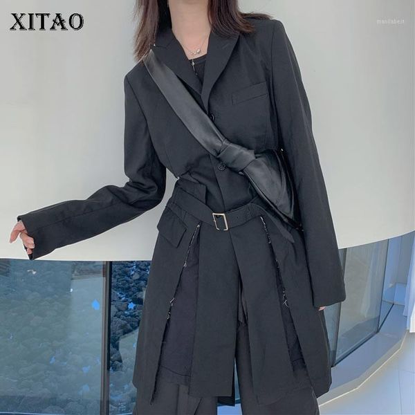 

xitao long personality black blazer women clothes 2020 spring new fashion pocket sashes notched collar coat loose dmy36491, White;black