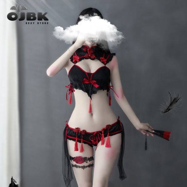 

cosplay traditional dress for women gothic punk little devil bra set black red cheongsams party fashion solid color satin v