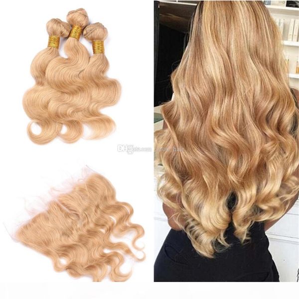 

malaysian #27 blonde body wave human hair weaves with 13*4 frontal strawberry blonde virgin 9a hair 3bundles with lace frontal, Black;brown