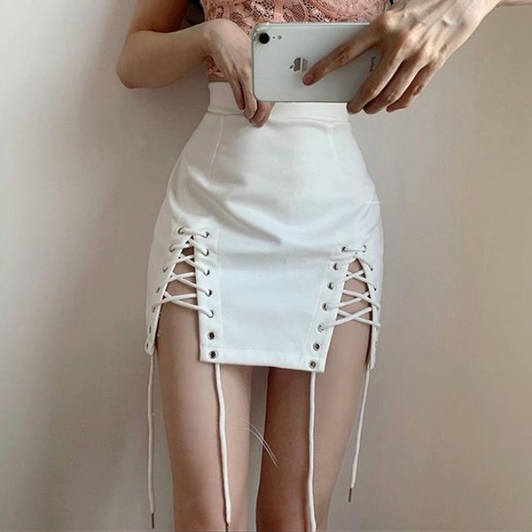 

womengaga corduroy high waist split show thin irregular bandage solid color spring mini skirts short skirt pd8j, Black
