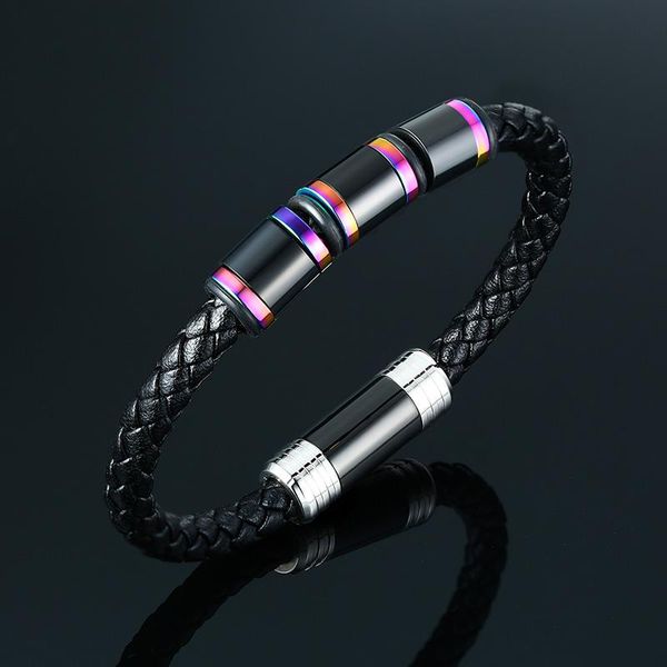 

21cm Lenght Rainbow Tube Charms Bracelet Black Braided Leather Bracelet with Stainless Steel Magnet Clasp, Golden;silver
