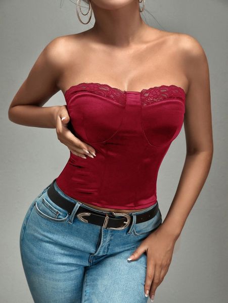 

sxy contrast lace crop tube m8cu#, White