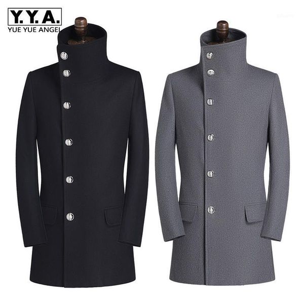 

men turtleneck woolen coat single-breasted pockets wool blend cotton windbreaker korean style casual jackets autumn winter1, Black