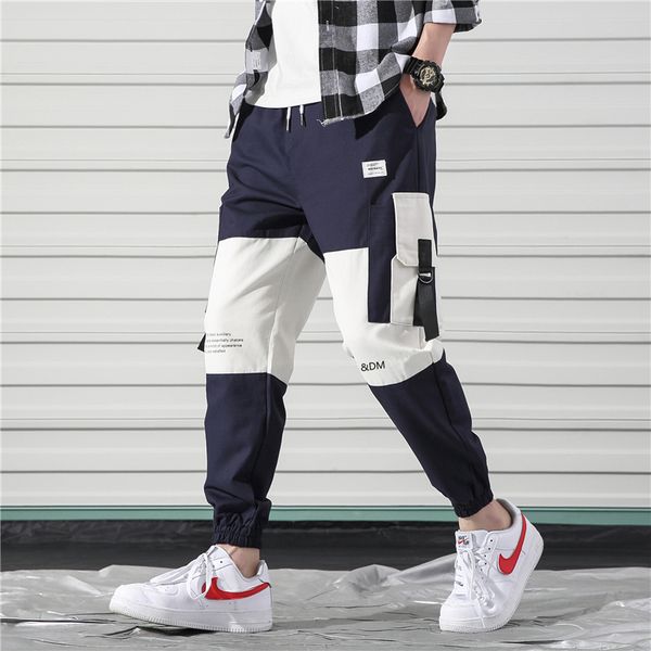 

side pockets mens cargo pants casual harajuku color block patchwoip hop streetwear men's jogger harem pants, Black
