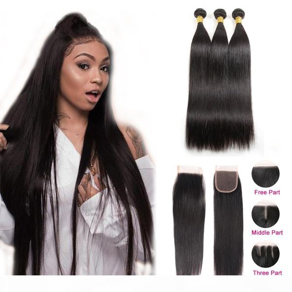 

viya peruvian virgin human hair straight bundles with swiss lace closure middle three part 8a 10-30 inch can be colored, Black;brown