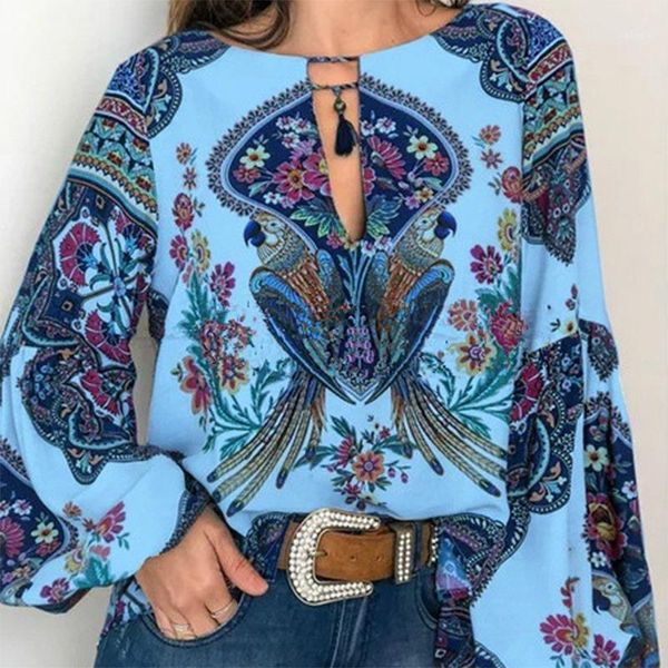 

women blouse v-neck long lantern sleeve blouse floral & parrot print tassel casual blusas mujer de moda new1, White