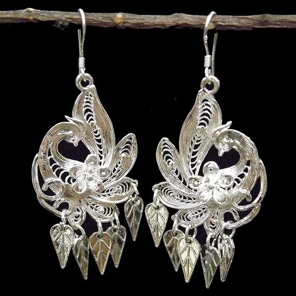 

chinese ethnic peacock style ear needle earrings for women funny elegant statement cute long sliver jewelry for female aretes, Silver