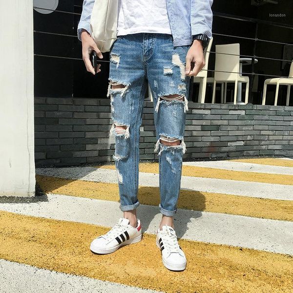 

men's jeans 2021 spring summer casual beggar denim trousers hole ripped stretch slim fit men classical vintage quality pants1, Blue
