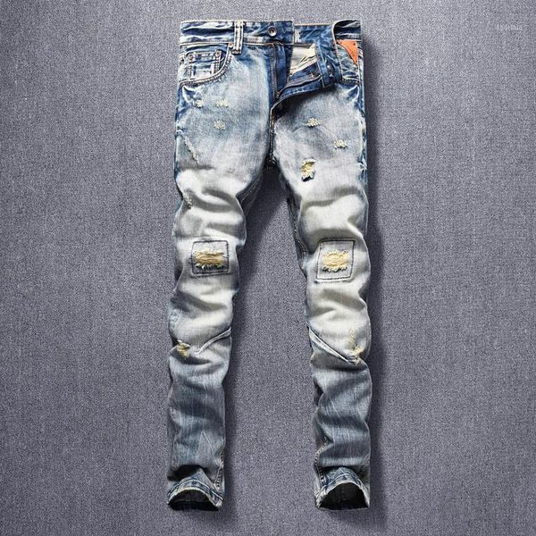 

men's jeans fashion streetwear men retro wash slim fit casual ripped denim trousers patchwork designer hip hop pants1, Blue