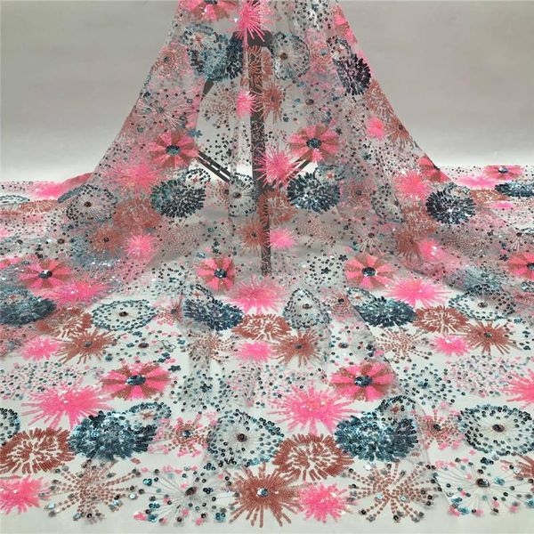 

ribbon 2021 latest french sequins lace fabric african evening dress nigeria sequined mesh net kcd9115, Pink;blue