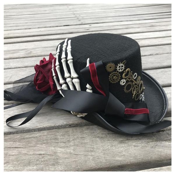 

new women handmade steampunk hat with flower and metal gear stage magic hat cosplay size 57cm steampunk1, Blue;gray