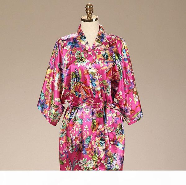 

women flower satin short kimono robe bridesmaid silk like floral print bathrobe lady loose nightgown sleepwear dressing gown, Black;red