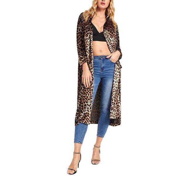 

women ladies long cardigan streetwear casual leopard snake print warm fashion loose long trench coat, Tan;black
