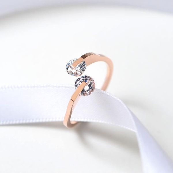 

valentines gift rose gold color titanium steel double cubic zirconia wedding rings for woman ,not fade ,ing, Golden;silver