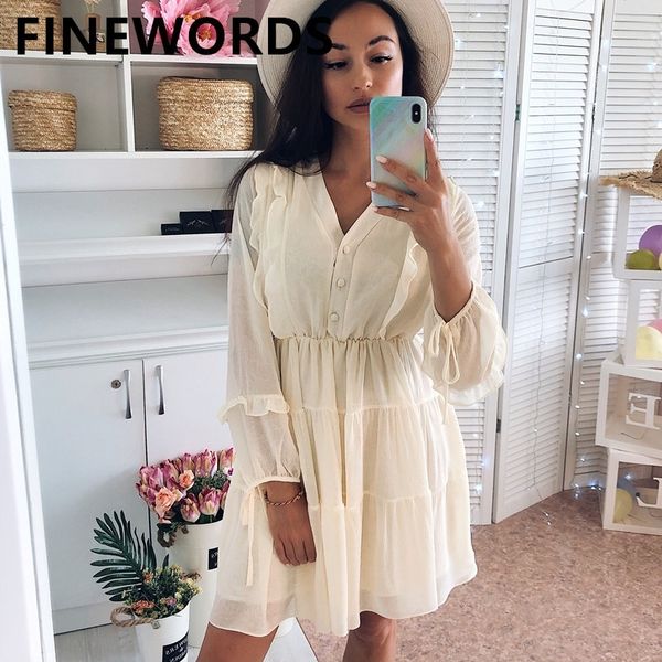 

finewords white beach ruffles dress vintage elegant v neck mini dress casual loose long sleeve party korean ladies dresses y200805, Black;pink