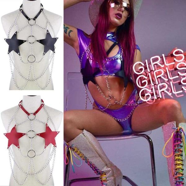 

women stars chains bra bikini harness cage bondage pu leather necklace chain body belts punk girls party jewelry gifts, Black;brown