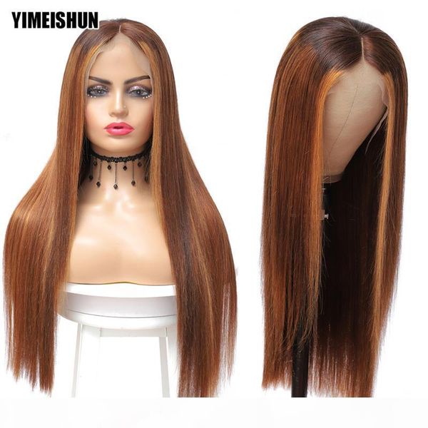 

28 30 inch highlight colored human hair wigs pre plucked 13x4 lace front human hair wigs ombre remy frontal wig for black women, Black;brown