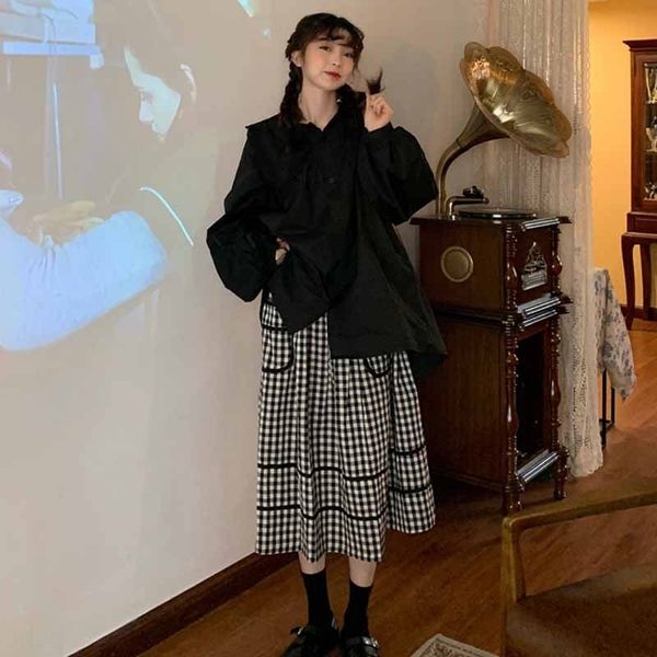 

hfgbq осень 2020 новые корейские юбок q05mq кружева нагрудного пузыря рукав рубашка плед половина версии одного шнурок shirtshirt shirtshot, Gray