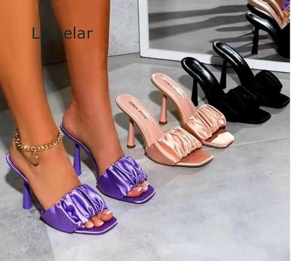 

slippers 2021 women shoes fashion design pleated pu leather summer sandals ladies high heels square toe party, Black