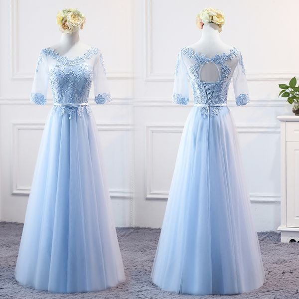 

robe de soriee new sweet blue lace bridesmaid dresses floor-length half sleeve appliques formal bride party graduation prom gown, White;pink
