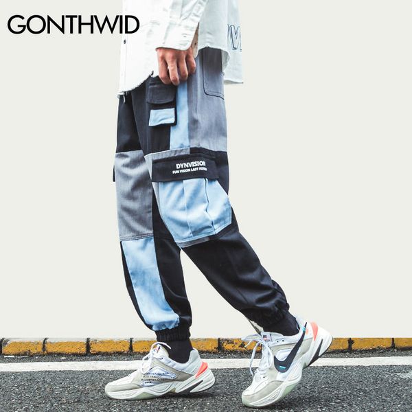 

gonthwid multi pocekts color block patchwork cargo harem joggers pants hip hop harajuku casual streetwear sweatpants trousers q1219, Black