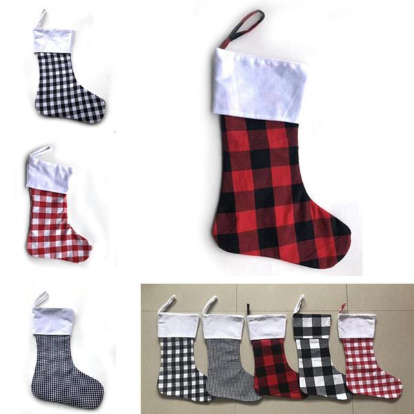 

christmas stocking plaid canvas ornaments red white black xmas hanging stocking christmas lattice socks party decoration 300pcs t1i2600