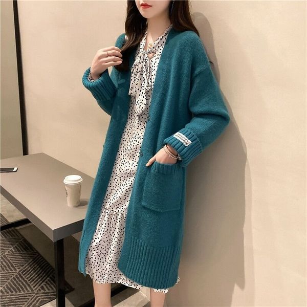 

over the knee mid length v-neck solid color t-shirt outerwear women's fall 2020 korean version coat t-shirt coat loose cardigan knittin, White;black