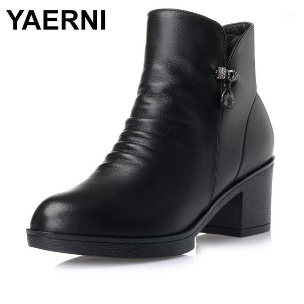 

yaerni autumn winter shoes women ankle boots 100% genuine leather thick high heel warm cowhide woman boots large size e3691, Black