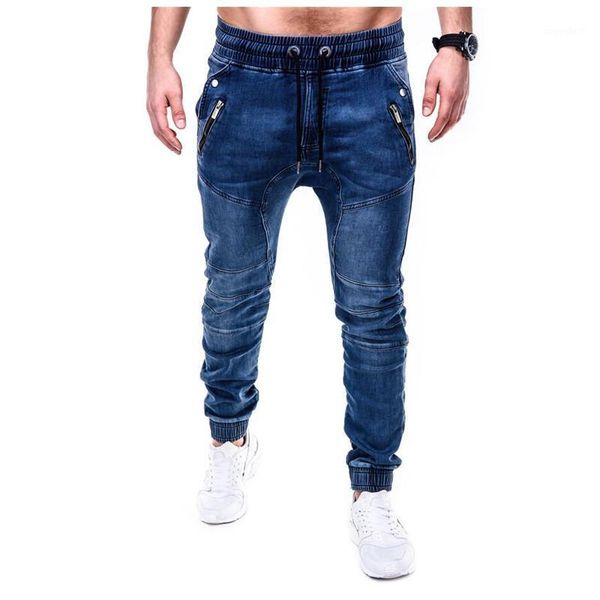 

men's elastic wash denim casual sports pants leg - tied jeans man1, Blue