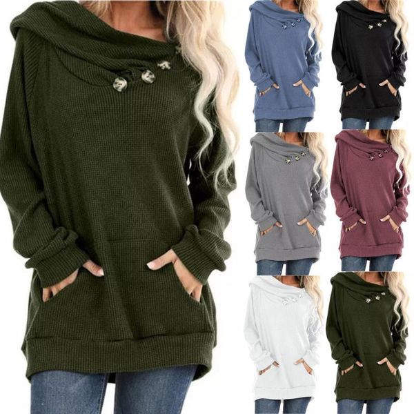 

урожай блуза женщины сплошной цвет большой карман кнопка плиссе knit с капюшоном с длинным рукавом женщины tunique 2020 осень и зима, White