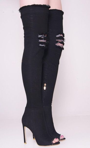 

selling women fashion white black ripped open toe denim high heel boots cut-outs thigh high broken jeans nightclub boots
