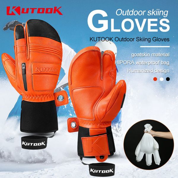 

kutook goatskin leather ski winter snowboard gloves windproof waterproof men women thermal snowmobile mittens outdoor, Blue;gray