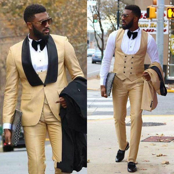 

chic gold three pieces mens prom suits groomsmen wedding tuxedos for men blazers shawl lapel one button formal suit with jacket pants vest, Black;gray