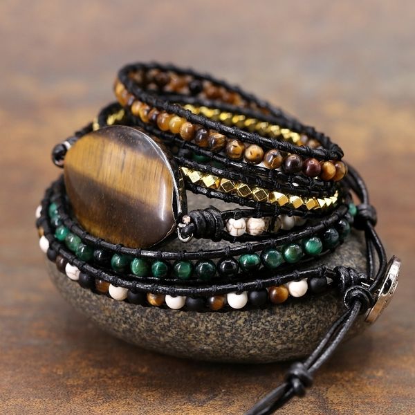 

vintage bracelet natural stone 5x leather wrap bracelet tiger eye beaded handmade lovers couples bracelet creative gifts y200730, Black