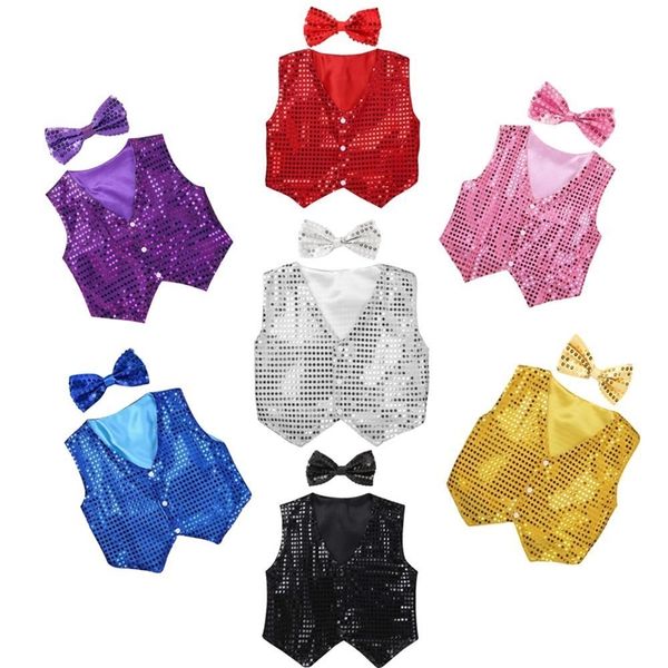 

boys girls jazz dancewear vest bowknot set kids glitter clothes choir costume childrens hip-hop jazz dance sequined vest y200325, White