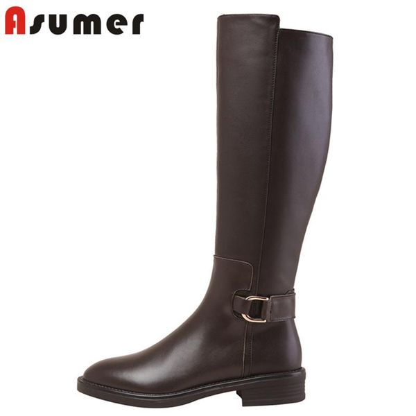 

asumer 2020 genuine leather +pu low heel boots woman round toe buckle zip simple casual shoes women knee high boots, Black